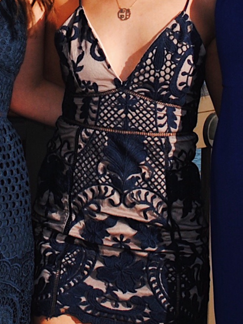 Navy Embroidered Mesh Bodycon Dress